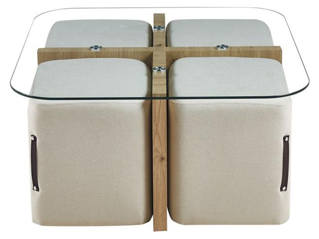Table basse QUADORA – Quadratisch 90x90 cm – Glas & gealterte Eiche – Mit 4 weißen Poufs – Praktisches und elegantes Design