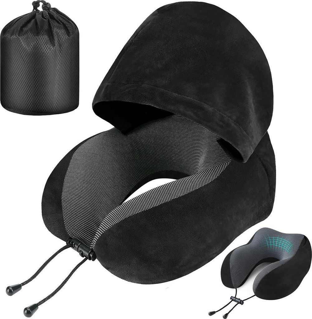 U-förmiges Reisekissen Memory Foam Nackenkissen mit Kapuze, ergonomisch, 32×32×12 cm