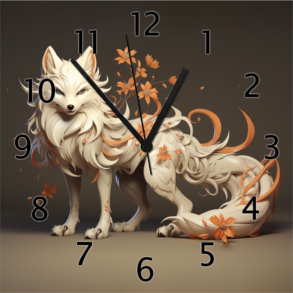 Wallario Design Wanduhr Magischer Fuchs mit floralen Details aus Echtglas, Größe 30 x 30 cm