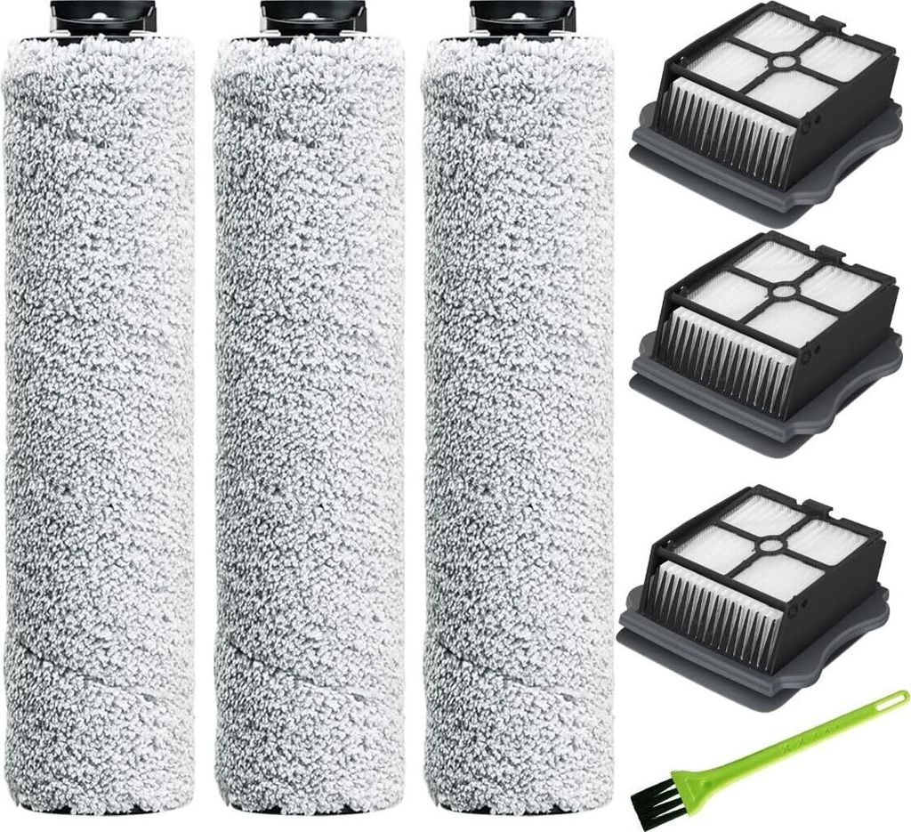 A set of cleaning accessories for a Tineco iFloor 3/Floor One S3 vacuum cleaner, including three brush rolls and three HEPA filters, along with a small green cleaning brush.