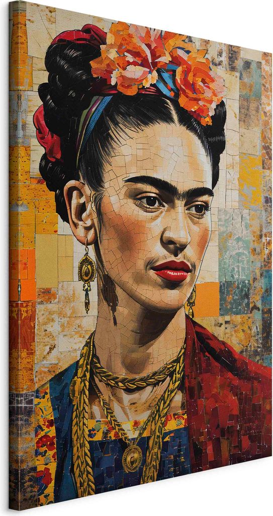 Wandbilder XXL Frida Kahlo 40x60 cm 1 tlg Wand Deko Leinwand Bilder Groß Wohnzimmer auf einem Mosaik Hintergrund Frau Porträt Abstraktion h-H-10...