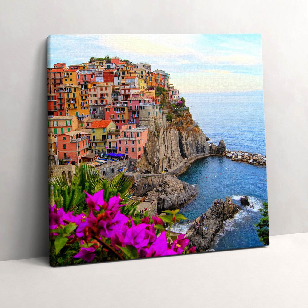 Flowers and of Cinque Terre Italy – Leinwandbild Wandbild – 60x60 cm – Leinwandbilder – Wandbilder – Schlafzimmer – Flur