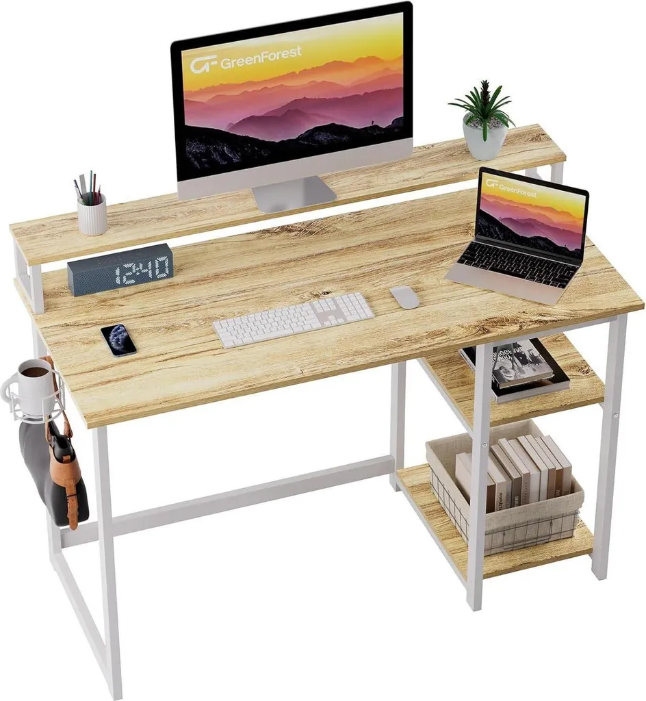 Bureau en bois avec étagère et support d'écran coloris Chêne Beige