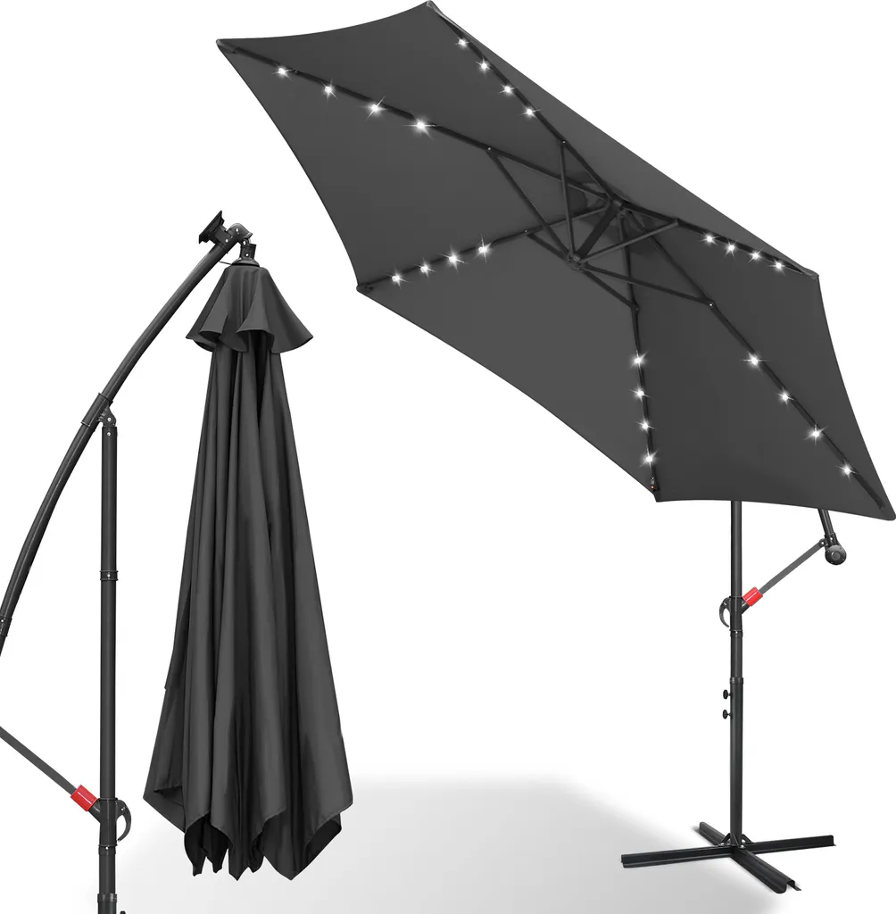 Ombrellone Jayseuw Ombrellone a braccio laterale 350 cm con LED, protezione UV, manovella - Grigio
