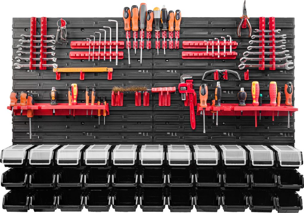 PAFEN Opbergsysteem, stapelboxen met deksel, wandrek, 772 x 390 cm, 24 stuks dozen, gereedschapswand, werkplaatsrek, schudrek, zwart/rood