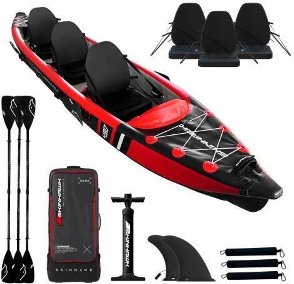 SKINHAWK 3ER PREMIUM FULL DROP STITCH KAJAK 490 CM x 85 CM ROT – Set mit Alu-Paddel