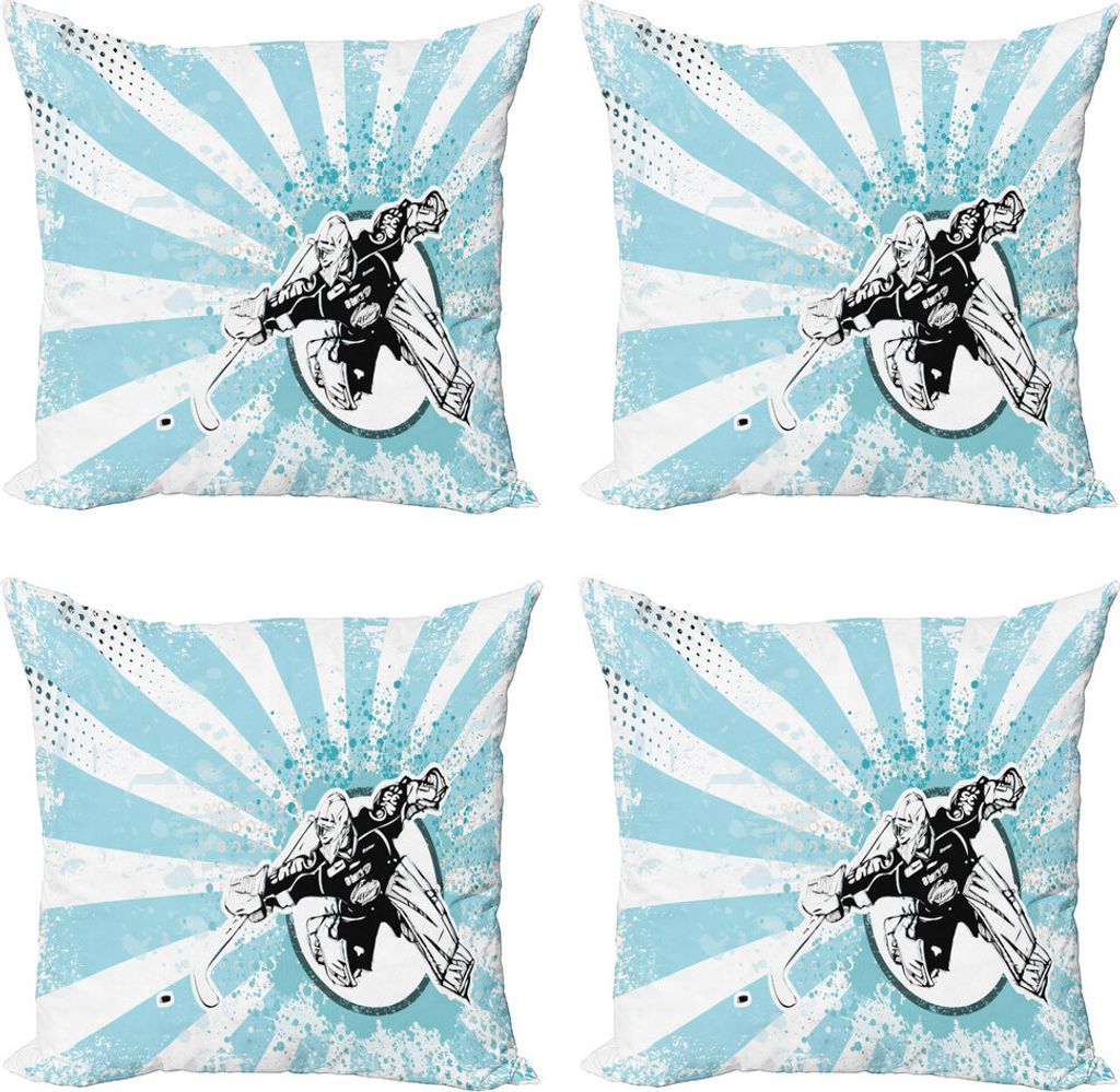 ABAKUHAUS Eishockey Kissenbezug Set (4 Stück), Retro Grunge-Torwart, Moderner Doppelseitiger Digitaldruck, 50 cm x 50 cm, Blassblau Schwarz Weiß
