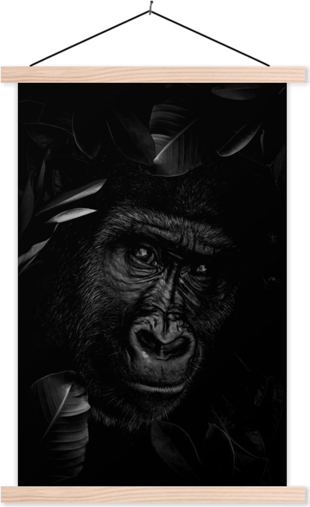 MuchoWow Textilposter Botanischer Affe vor dunklem Hintergrund - schwarz und weiß 40x60 cm mit holzfarbenen Rahmen - Poster