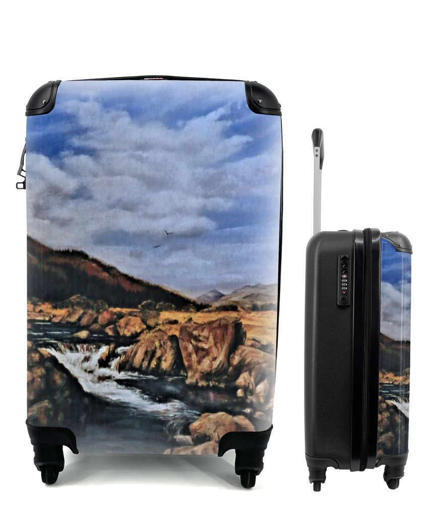 MuchoWow Koffer Handgepäck Trolley Rollkoffer Kleine Reisekoffer mit 4 Rollen - Ölgemälde Fluss - Cabin Size < 55x40x23 cm & 55x40x20 cm - Fot...