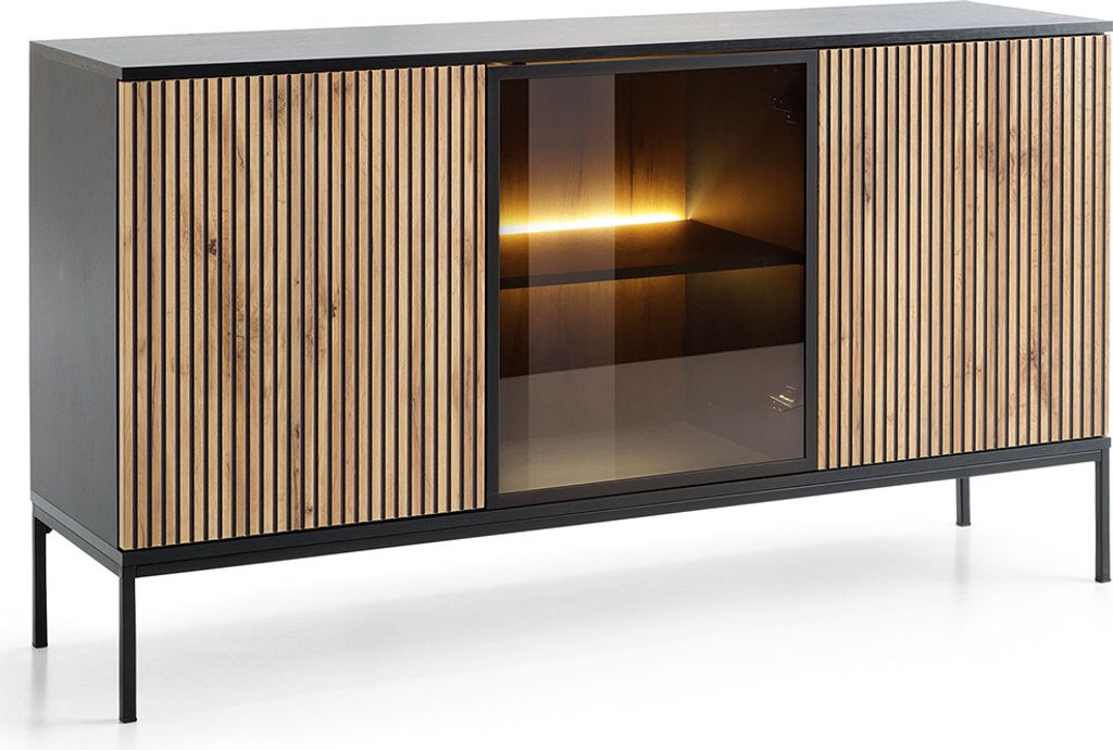 Sideboard mit Beleuchtung Wohnzimmer in schwarz mit Wotan Eiche SIBARI-160