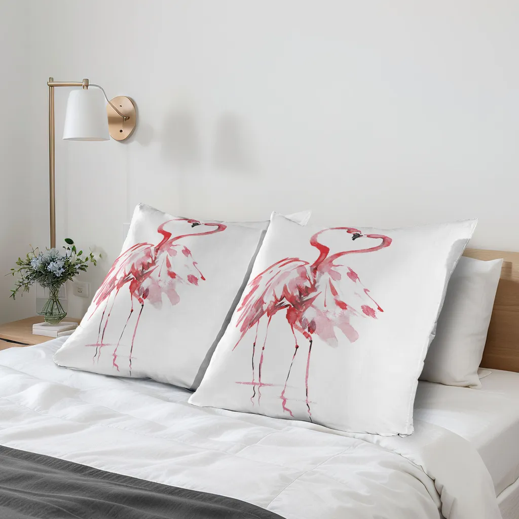 ABAKUHAUS Federa per cuscino Flamingo Confezione da 2, coppia di fenicotteri, La passione romantica dei partner nell'amore Effetto acquerello Bacio, Federa per cuscino decorativa stampata, 80x80 cm, Corallo scuro Bianco - 2