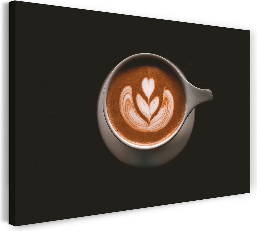 Leinwandbild (60x40cm): Wandbild Küchendeko Cappuccino Latte Art Tasse schwarzer Hintergrund, echter Holz-Keilrahmen inkl. Aufhänger, handgeferti...