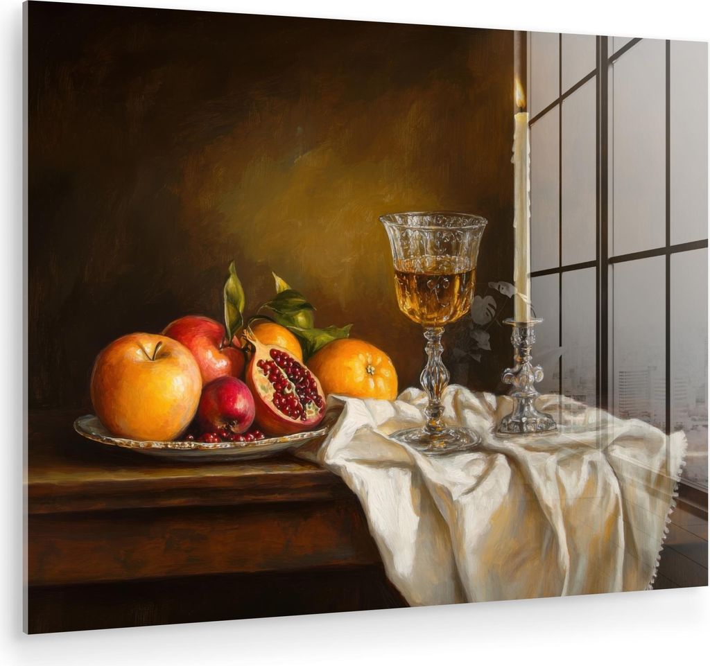 MuchoWow Glasbilder - Bilder auf Wandbild - Foto auf Glas Obst - Stilleben - Wein - Kerze 80x60 cm Wanddekoration aus Glas - Acrylglasbild - Acrylb...
