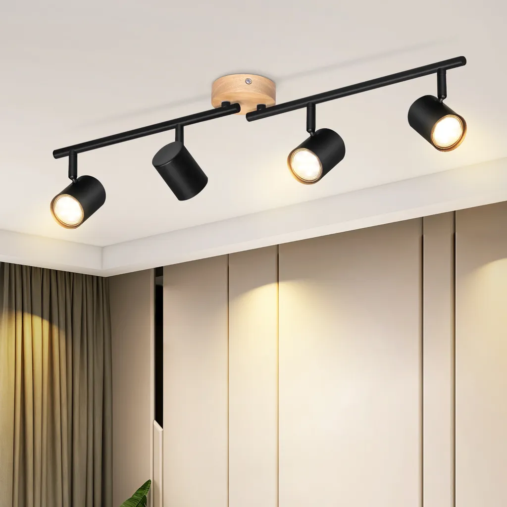 ZMH Spot de Plafond LED 4 Flammes en Bois Noir Orientable Douille GU10