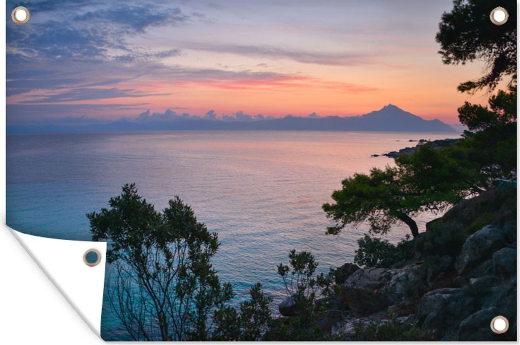 MuchoWow 120x80 cm Outdoor-Poster Gartendeko Sichtschutz Garten Poster für den Garten Sonnenuntergang über dem Ägäischen Meer bei Thessaloni...
