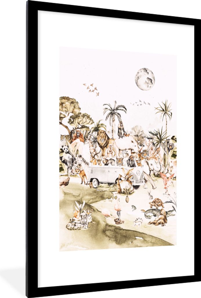 MuchoWow Gerahmtes Poster Bus - Tiere - Kinder - Jungen - Mädchen - Palme 60x90 cm - Poster mit Schwarzem Bilderrahmen Wandposter Rahmen Foto Bi...