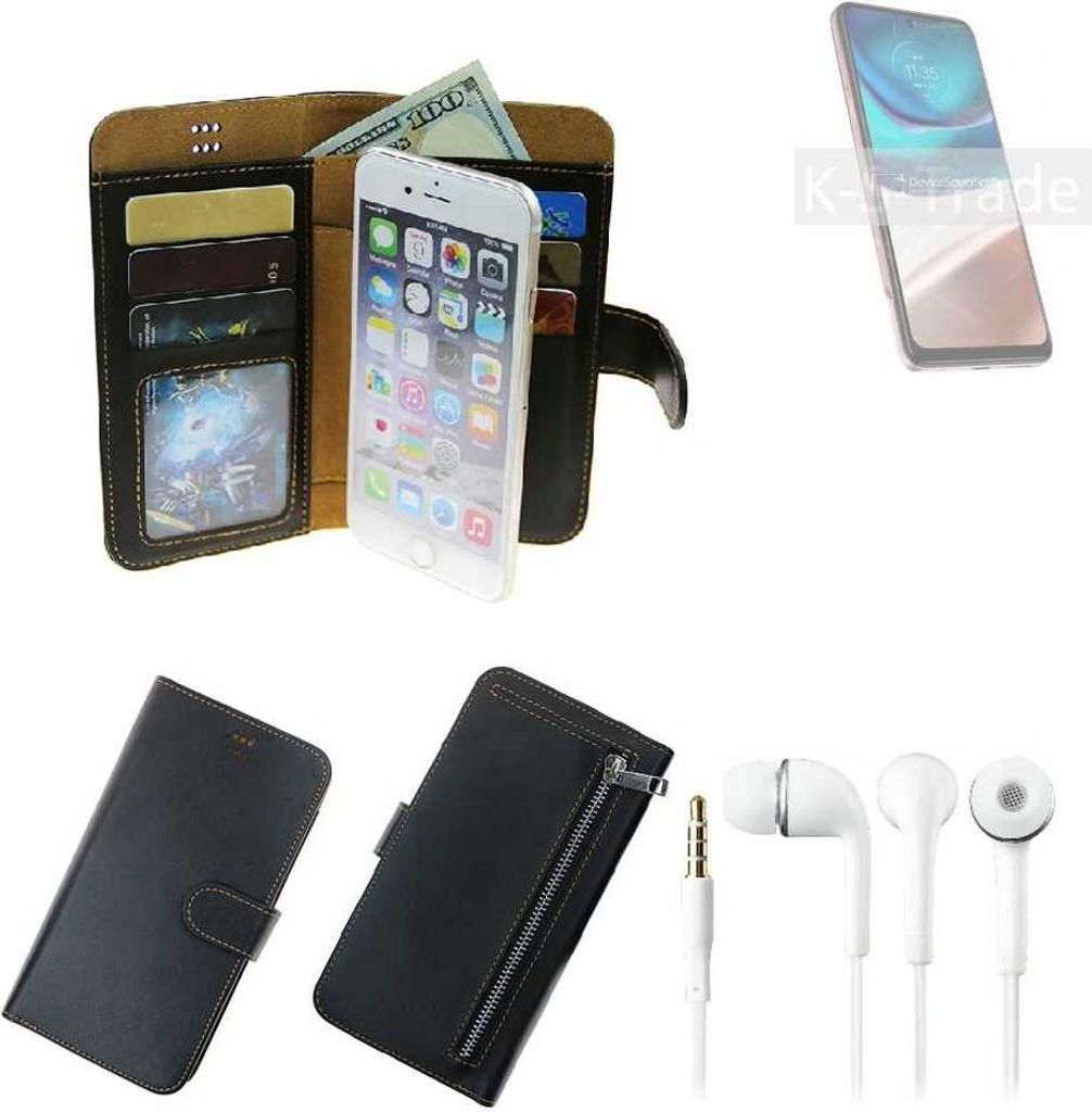 TOP SET Handy Hülle Schutz Hülle kompatibel mit Motorola Moto G42 schwarz aus Kunstleder + Kopfhörer Smartphone Tasche vollwertige Geldbörse