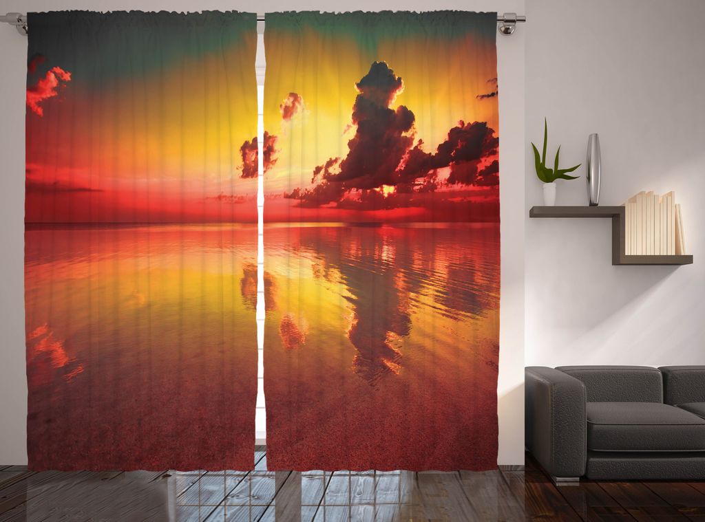 ABAKUHAUS Ozean Rustikaler Vorhang, Sonnenaufgang Wasser Spiegelung, Wohnzimmer Universalband Gardinen mit Schlaufen und Haken, 280 x 175 cm, Grün...