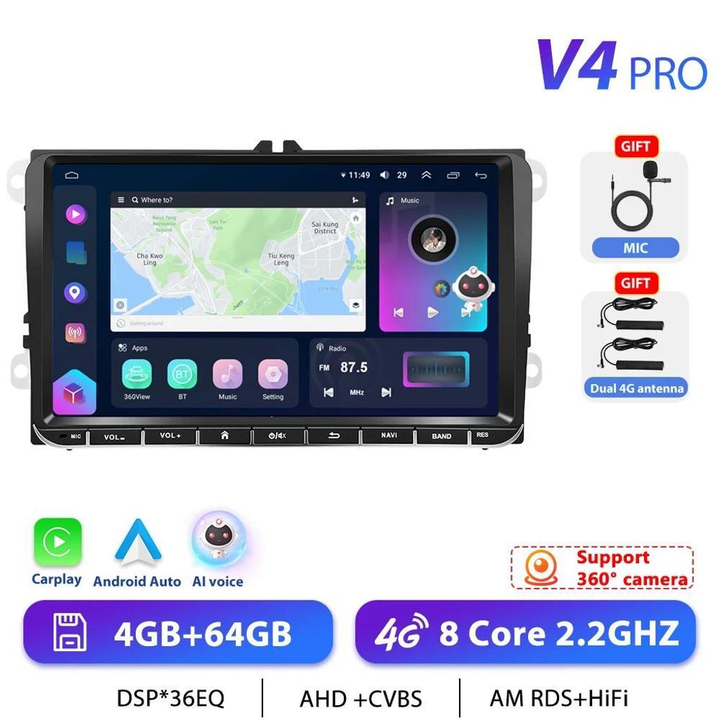 Volkswagen VW Android Autoradio - 2-DIN Multimedia - 23 cm Touchscreen - Android 13 - 4 GB + 64 GB - 4G LTE - GPS Navigation - 1024×600