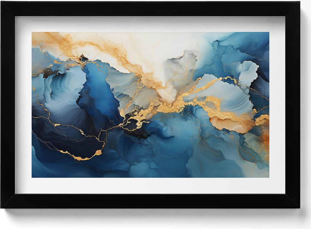 Flüssige Abstraktion mit Gold– Wandbild mit Rahmen – Gerahmtes Bild – Wanddekoration – 30x20 cm – Schwarz Rahmen