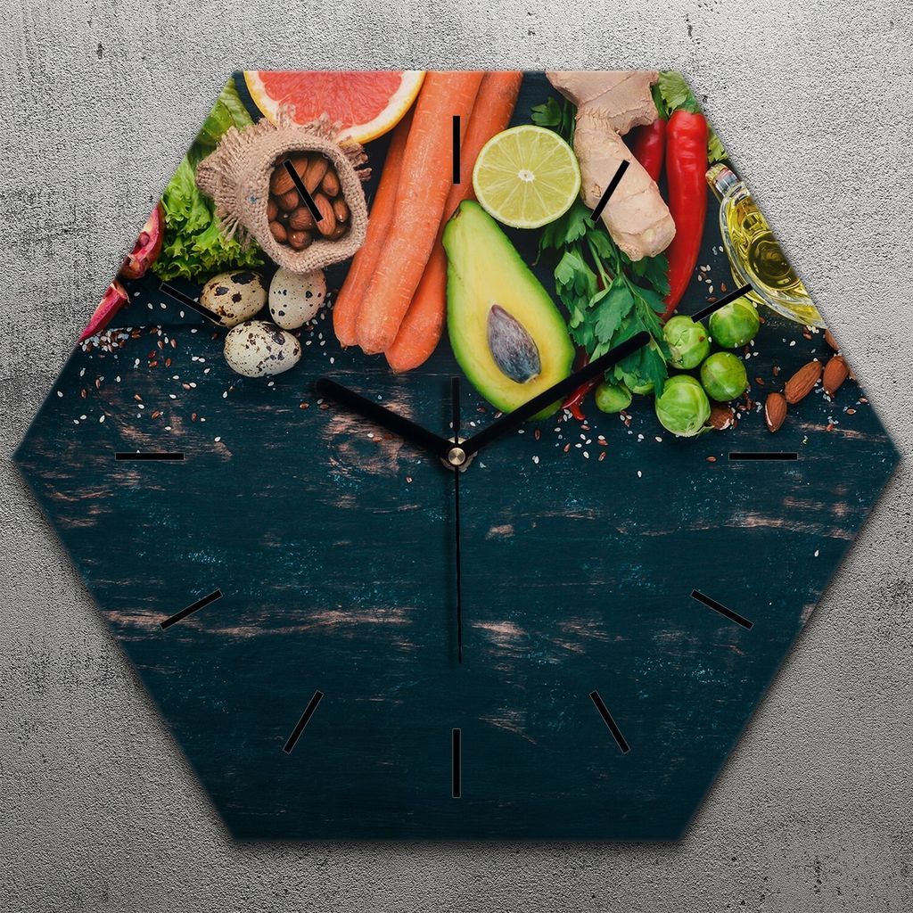 Uhr hexagonal 40 cm Glas Geräuschlos schwarze Zeiger - Gemüse Farbige