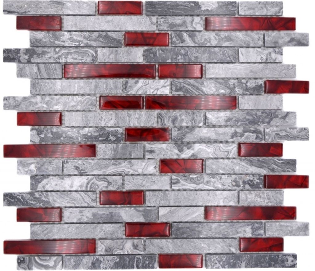 Naturstein Glasmosaik grau mit rot glänzend Wand Küche Bad Dusche - MOS87-0409_f