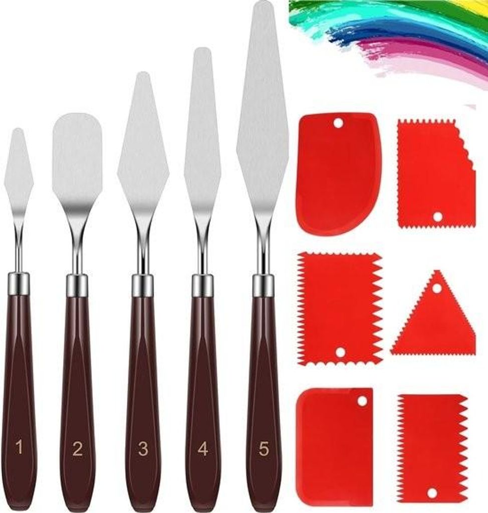 11-teiliges Set Spachtel für Acrylmalerei, Palettenmesser für Strukturpaste, 5 Malmesser mit 6-zahnigen Spachteln, Palettenmesser aus Edelstahl für