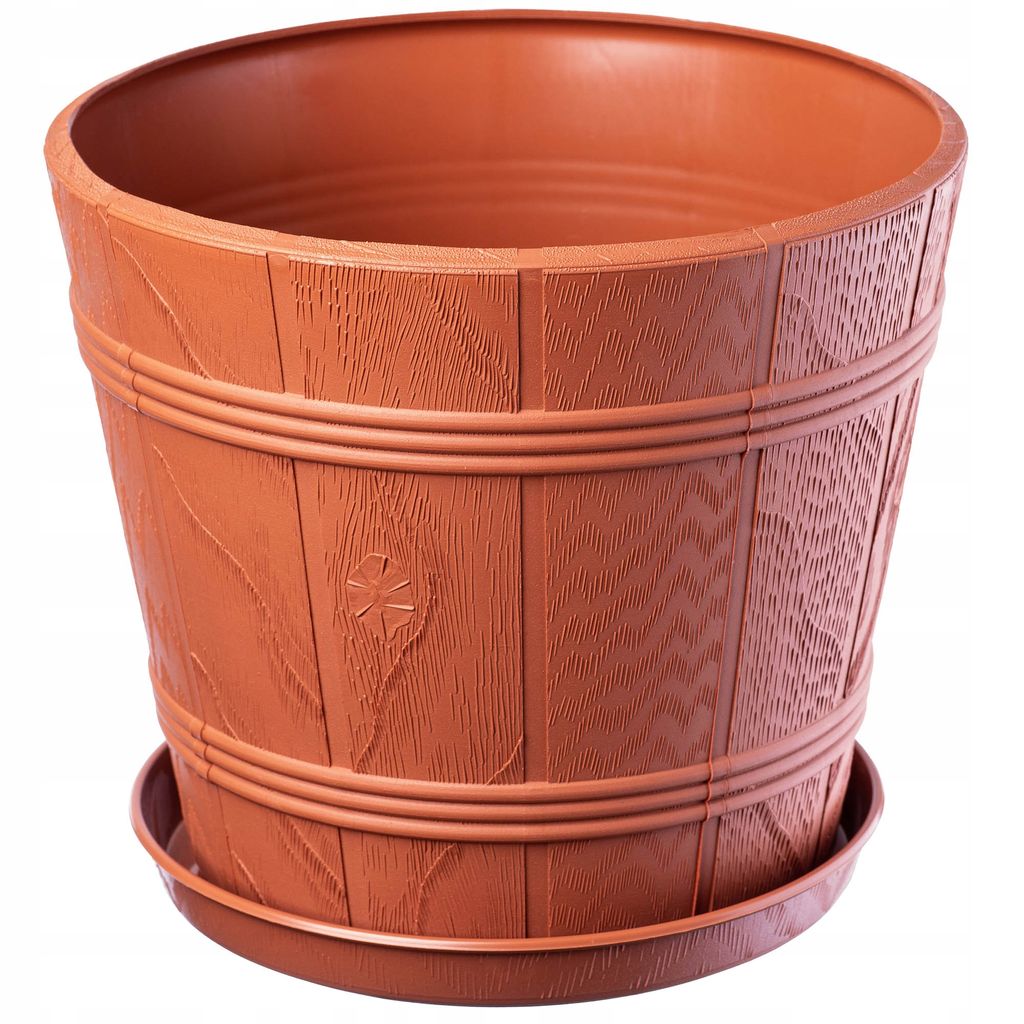 KADAX Blumentopf mit Untersetzer "Pula", Blumenkübel aus Kunststoff, Terrakotta, Holzoptik, 17 cm