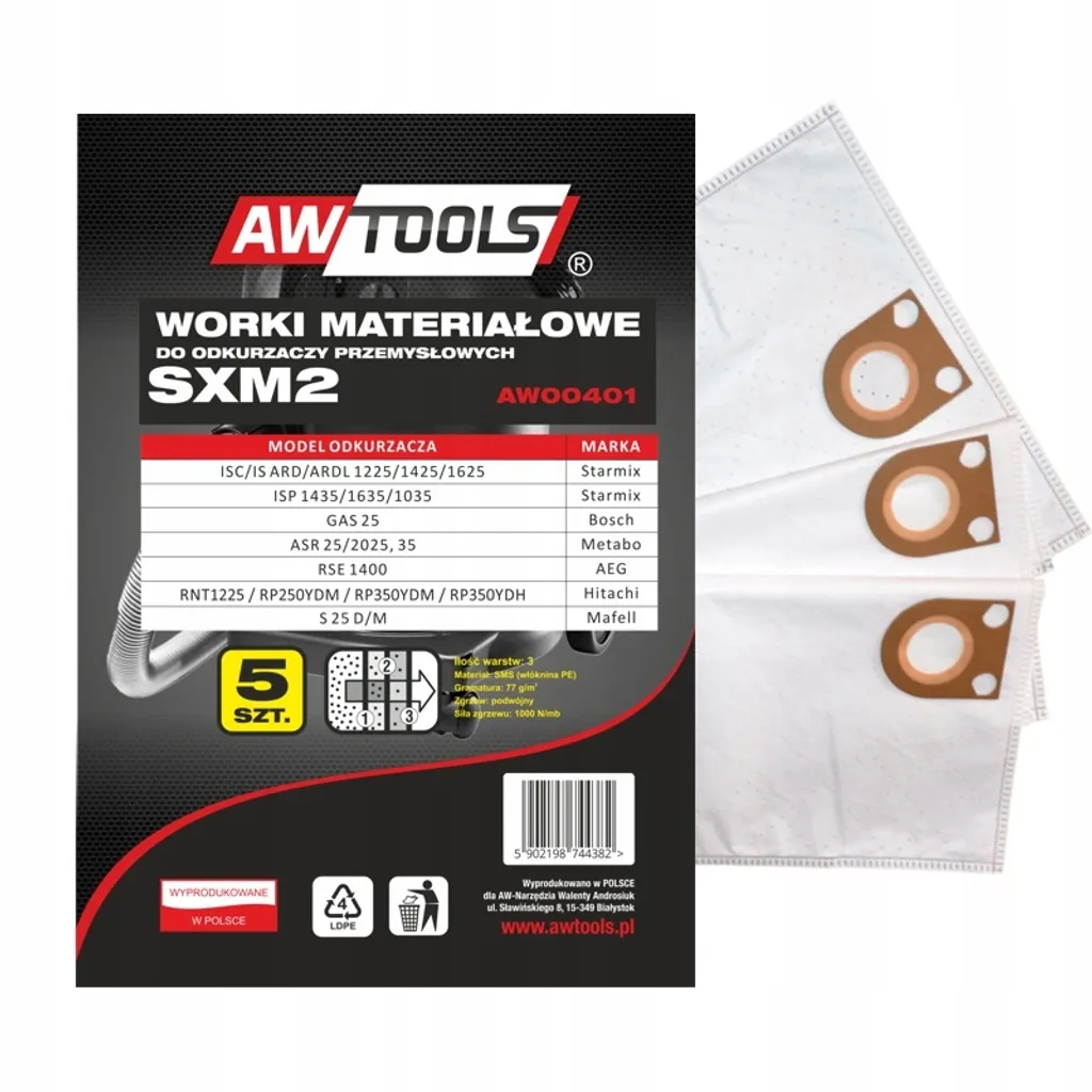 Awtools Sacs Microfibres SXM2 pour Aspirateur Bosch GAS 25 - Lot de 5