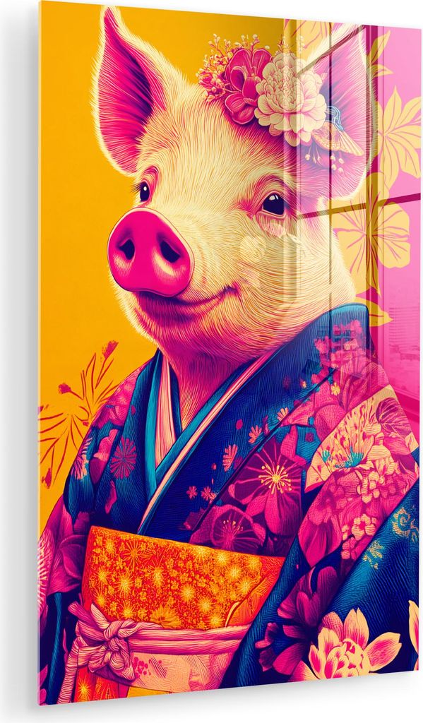 MuchoWow Glasbilder - Bilder auf Wandbild - Foto auf Glas Schwein - Blumenkrone - Kimono - Abstrakt 80x120 cm Wanddekoration aus Glas - Acrylglasbi...