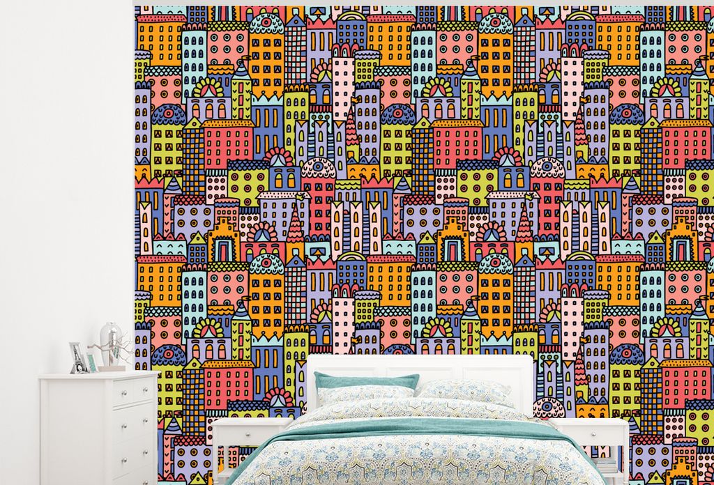 MuchoWow Fototapete für Wohnzimmer oder Schlafzimmer Wandtapete Vinyl Motivtapete Haus - Regenbogen - Muster - 300x240 cm - Fototapeten