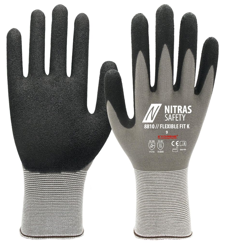 NITRAS FLEXIBLE FIT K, Montagehandschuhe, grau / schwarz, EN 388, EN 407, KYORENE-Spezialgarn | Packung (12 Paare)