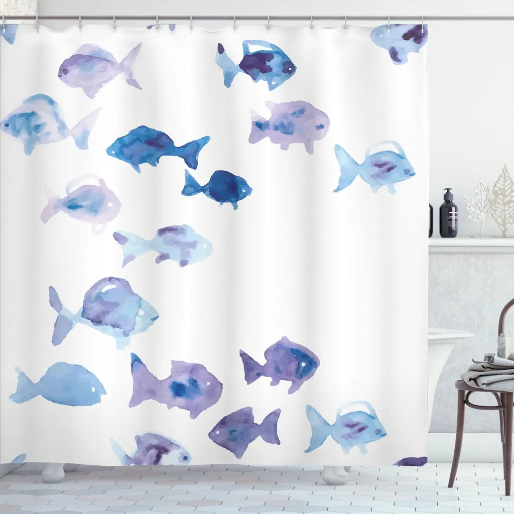 Rideau de douche animalier petits poissons aquarelle bleu ciel 175x240 cm