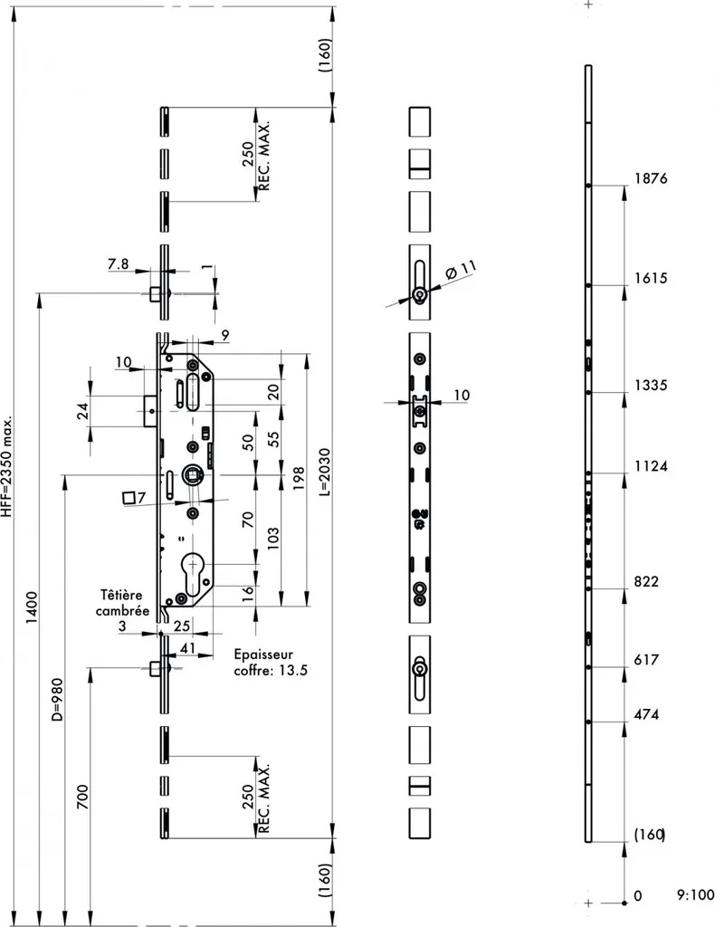 Serrure Ferco G-21266-20-L1 Thirard à cylindre axe 25mm 3 points