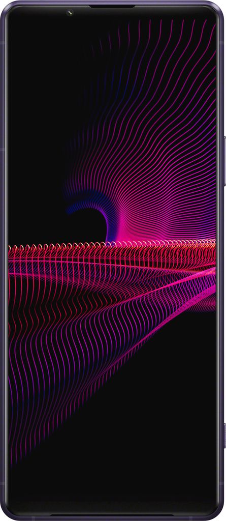 A smartphone with a purple frame and a dark background displaying a vibrant, abstract wallpaper with pink and purple wavy lines.