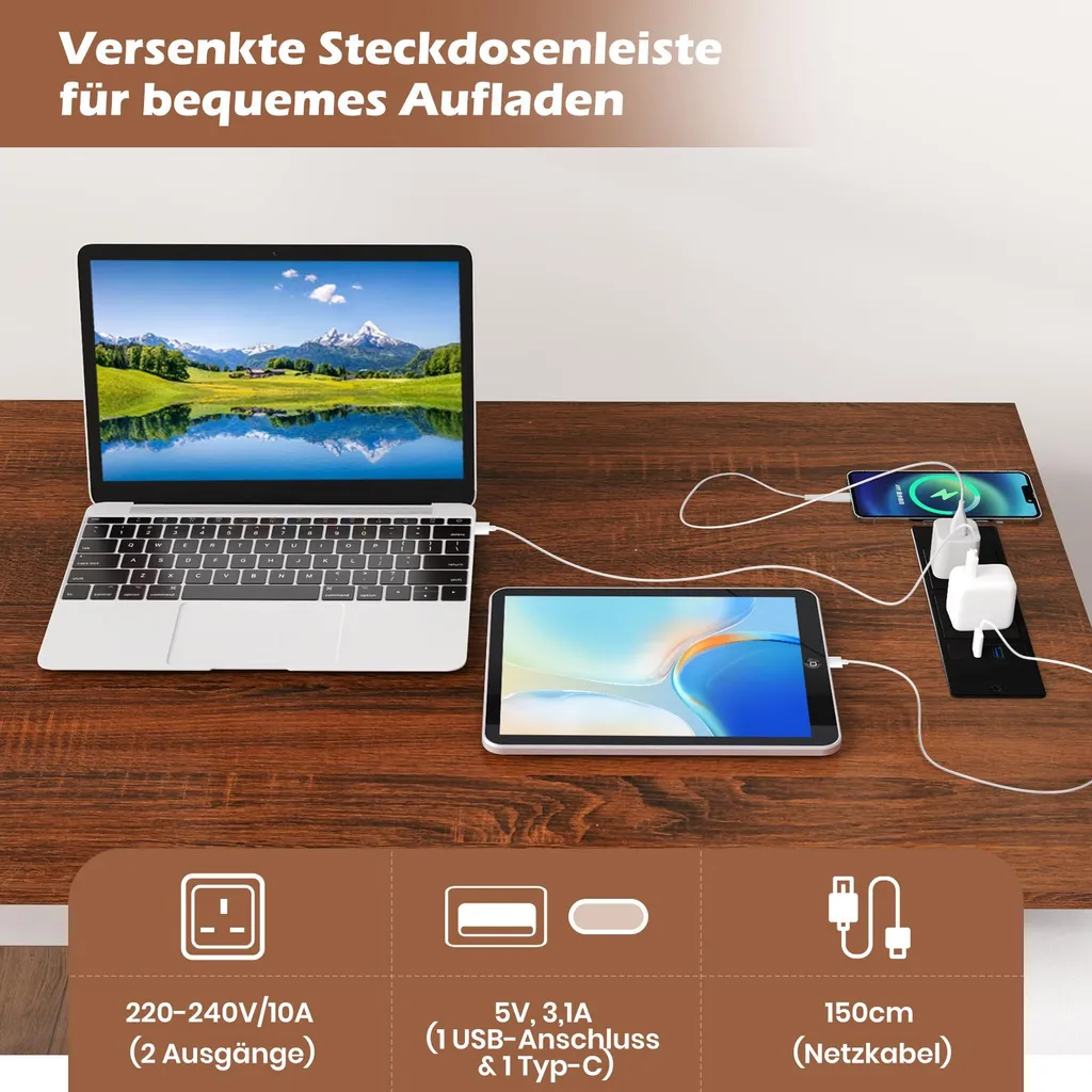 Table d'ordinateur d'angle réversible avec rangements et prises USB Brun