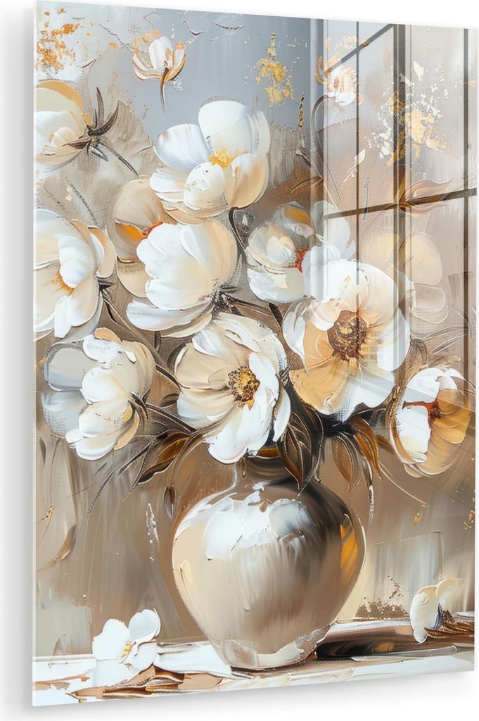 MuchoWow Glasbilder - Bilder auf Wandbild - Foto auf Glas Vase - Blumen - Kunst - Gold 30x40 cm Wanddekoration aus Glas - Acrylglasbild - Acrylbild...