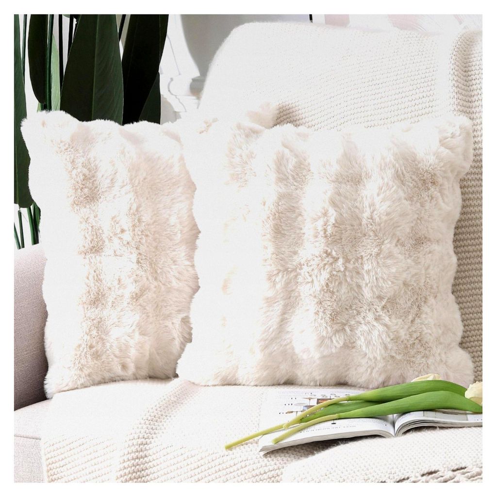 2er Set Weiche Plüsch Kissenbezüge aus Wolle und Samt für Sofa und Schlafzimmer Creme Weiß 50x50 cm