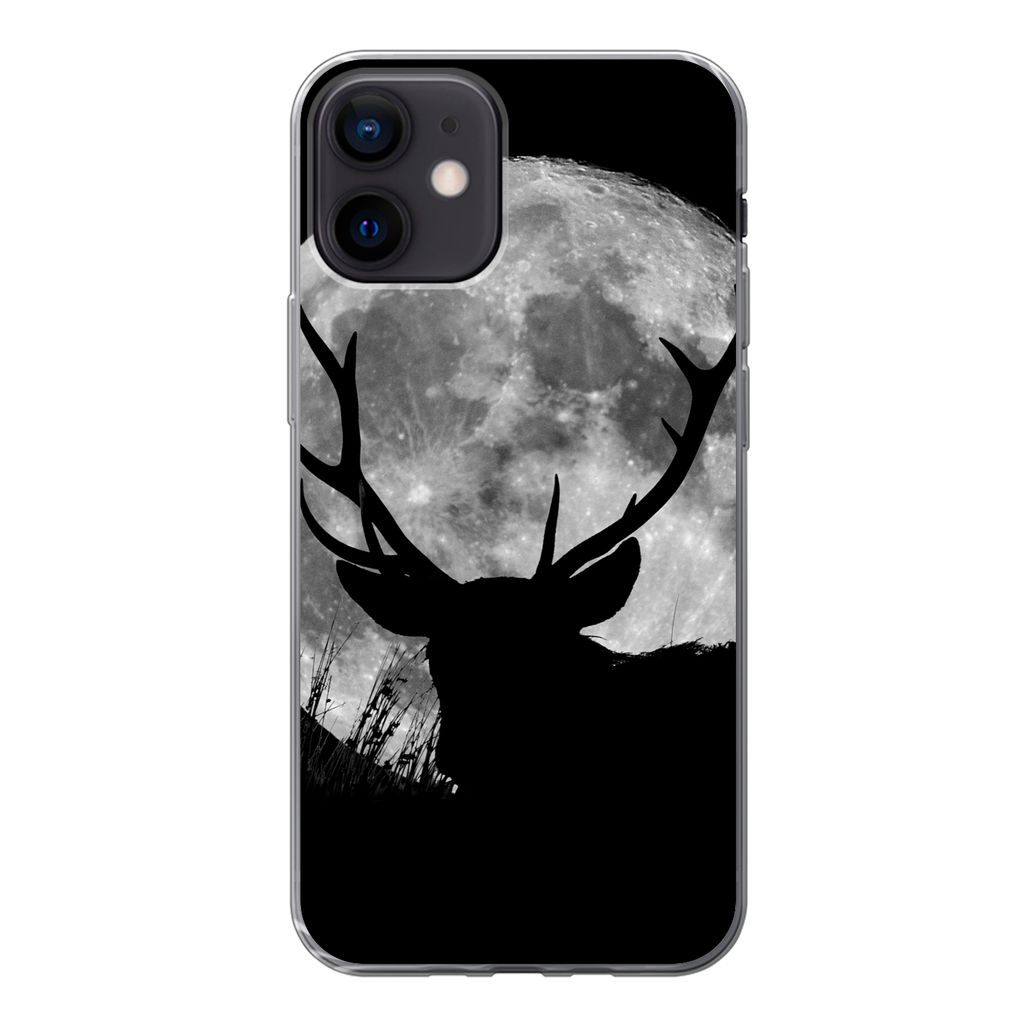 MuchoWow Handyhülle Schutzhülle Hülle für iPhone 12 Hirsch - Mond - Nacht Silikon Softcase Handy Hülle - Schutzhülle
