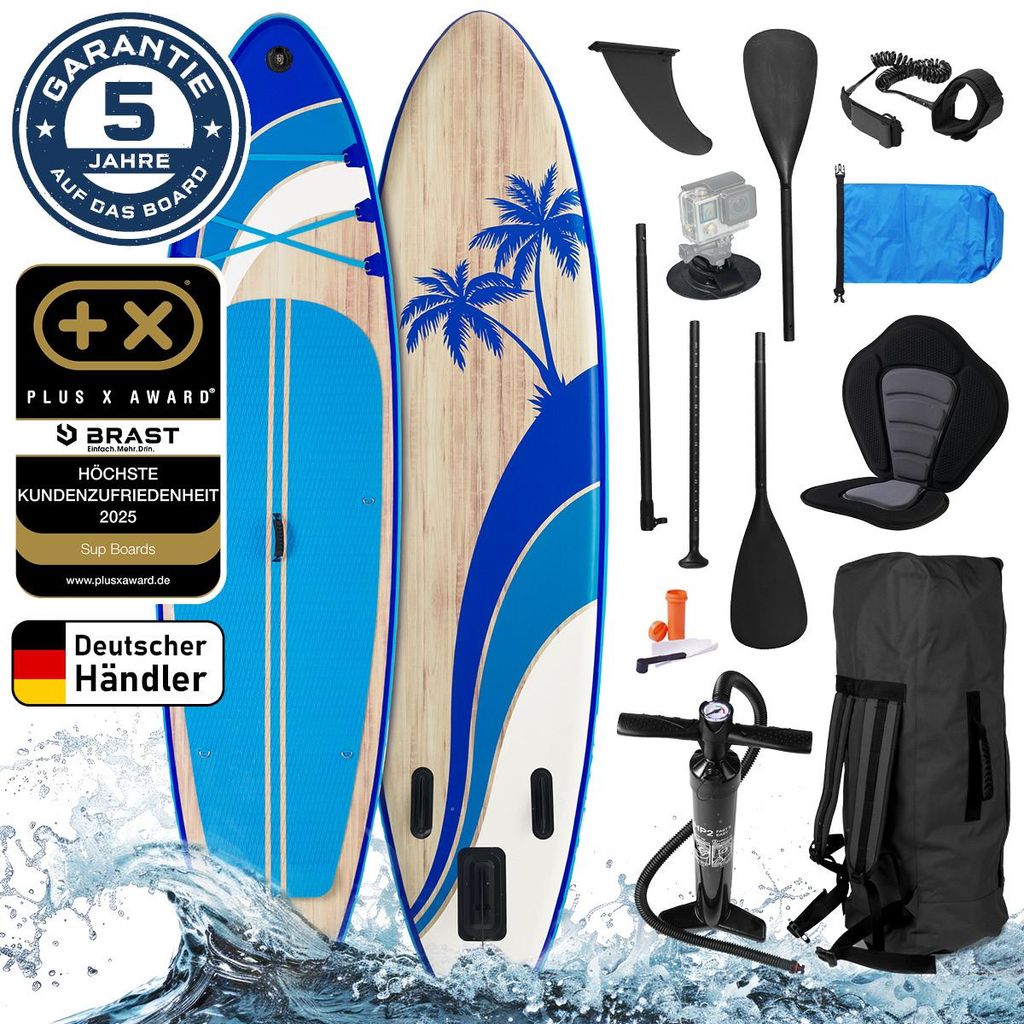 BRAST SUP Board Tropic | Aufblasbares Stand up Paddle Set | 320x81x15cm | 5 Designs | inkl. Sonderzubehör | 2in1 Paddel Kajak-Sitz Action-Cam-Halt...