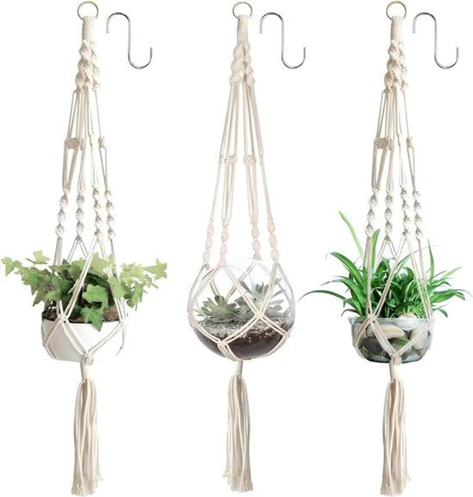 Lot de 3 Supports à Fleurs en Macramé de Coton - Déco Bohème Murale