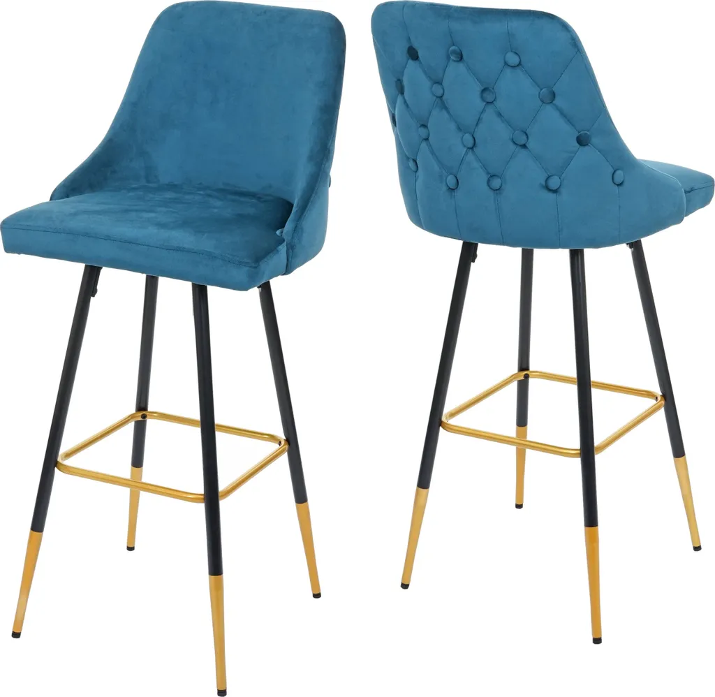 Tabouret de bar lot de 2 pour cuisine ouverte velours bleu et or