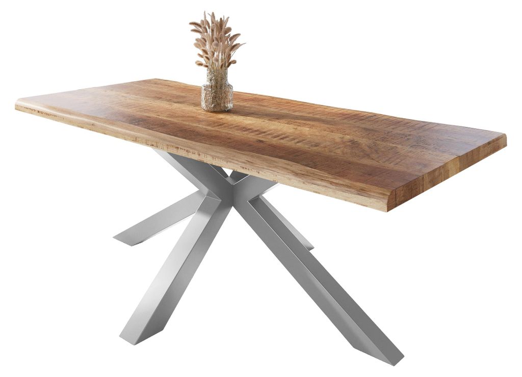 Esstisch Baumkante massiv Mango rough 220 x 100 Spider-Gestell silber ATLAS