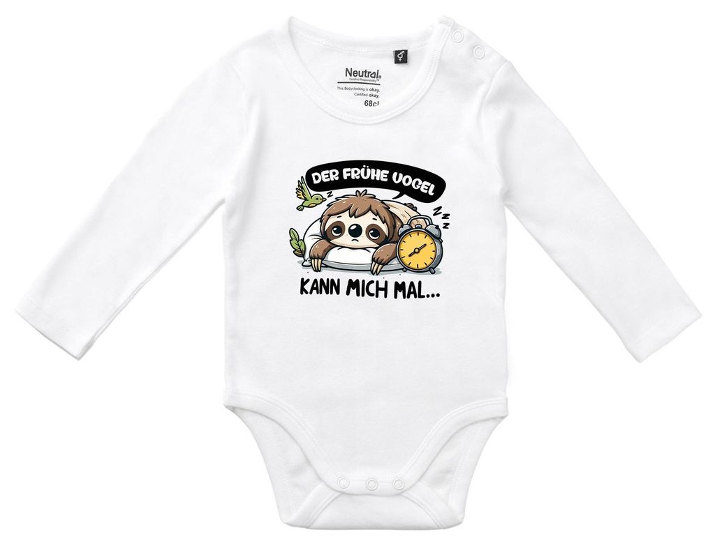 Huuraa Baby Body Der frühe Vogel kann mich mal Faultier 62 White Baumwolle Fairtrade Langarmbody Geschenkidee