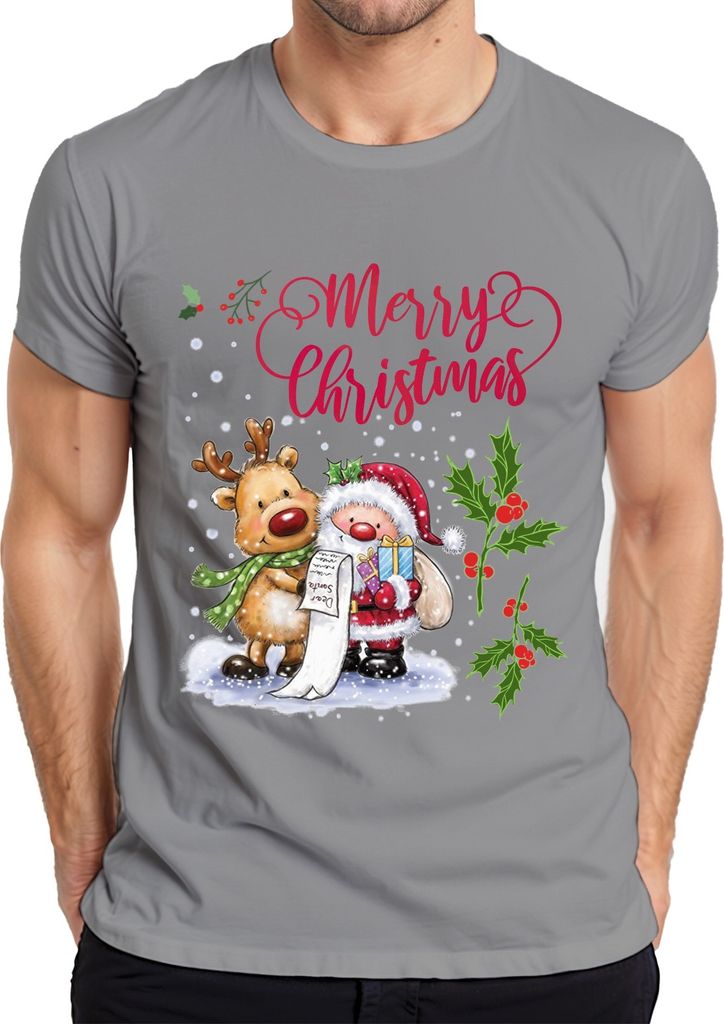Merry Christmas Santa Rentier Wunschliste Mistelzweig - Weihnachten Weihnachtsgeschenk Herren T-Shirt, Grau, L