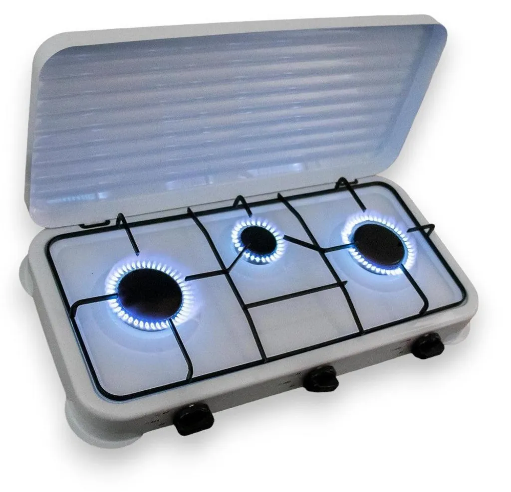Réchaud de camping 3 brûleurs avec capot de protection, format 57cm