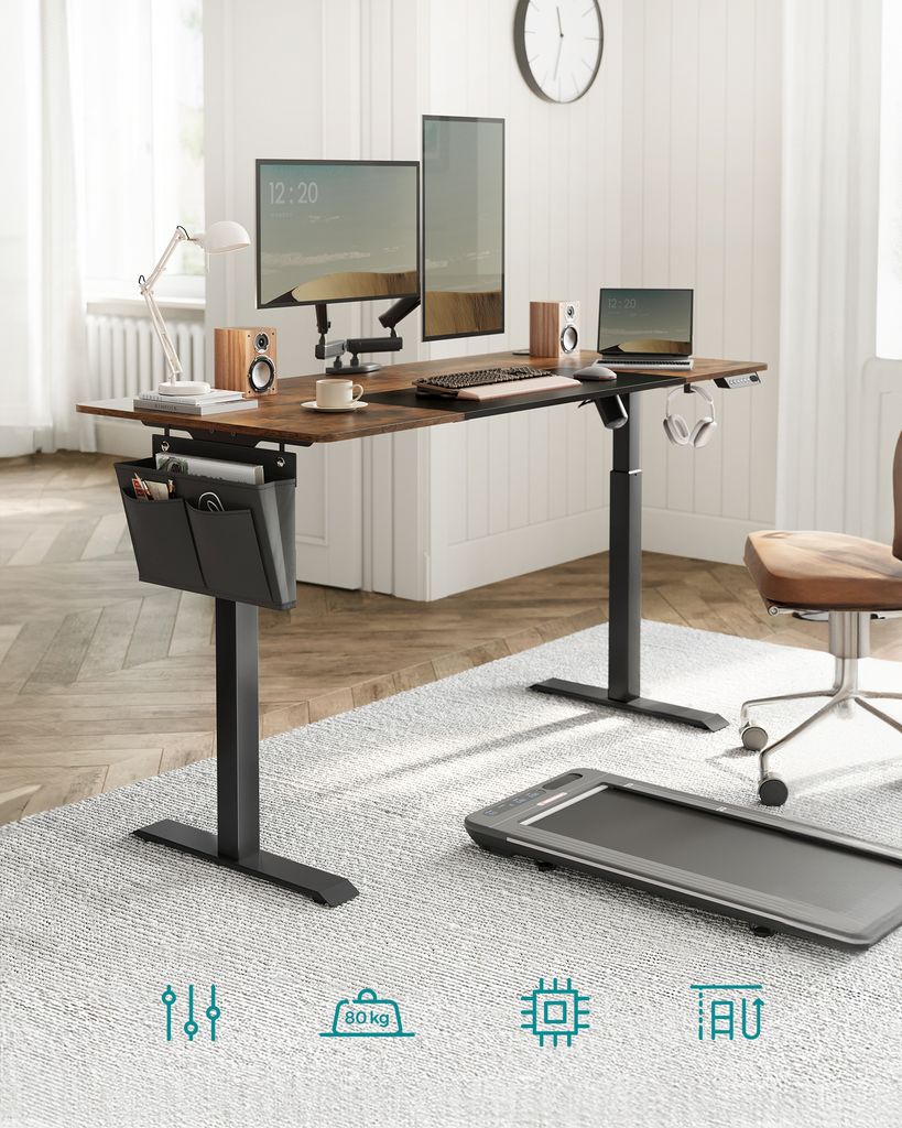 A modern home office setup with a standing desk, monitors, laptop, and treadmill.