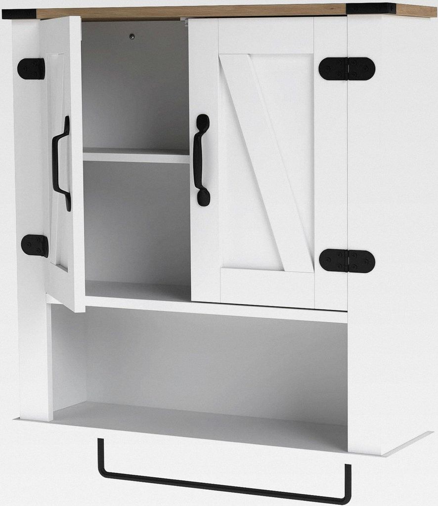 Badezimmerschrank Hängend, Hängeschrank mit Handtuchhalter & 3 Ablagen, Wandschrank mit Scheunentüren, Aufbewahrungsschrank für Badezimmer, Kü...