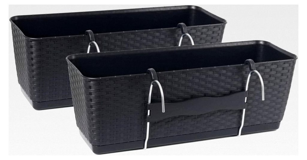 Blumenkästen für Balkon und Geländer, 2er-Pack, Rattan-Optik, mit Bewässerungssystem, Anthrazit, 40 cm