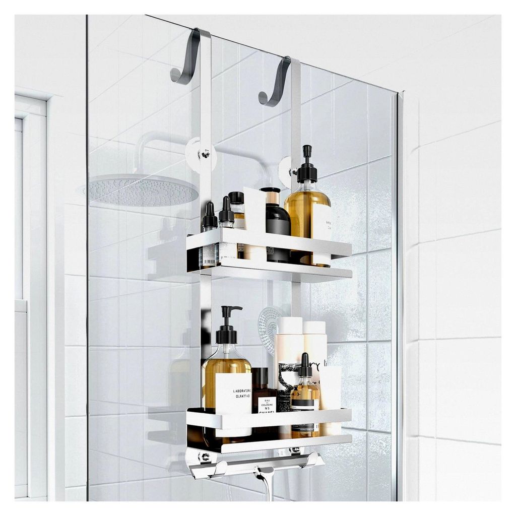 Duschablage ohne Bohren für das Badezimmer, Badregal zum Hängen für Glasduschtüren, Duschregal für Shampoo in Silber
